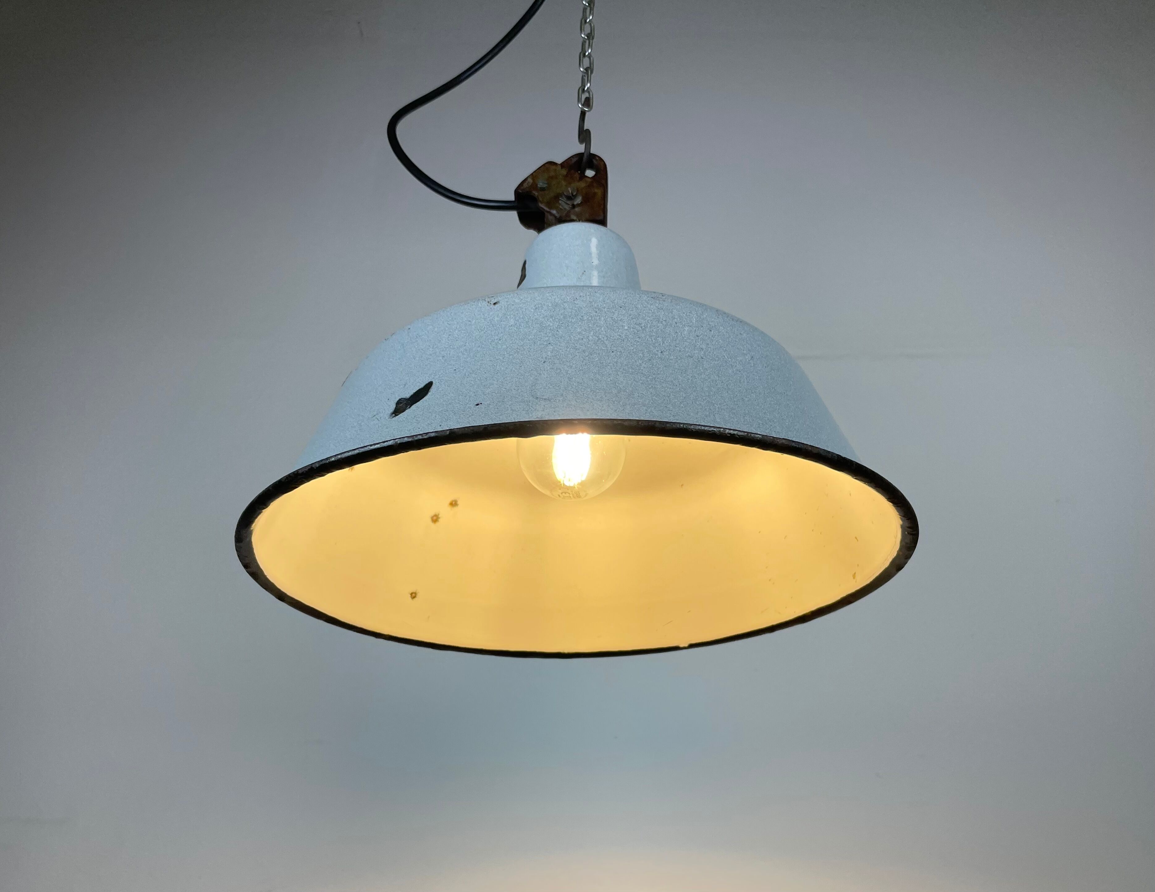 Industrial Grey Enamel Factory Lamp with Cast Iron Top, 1960s