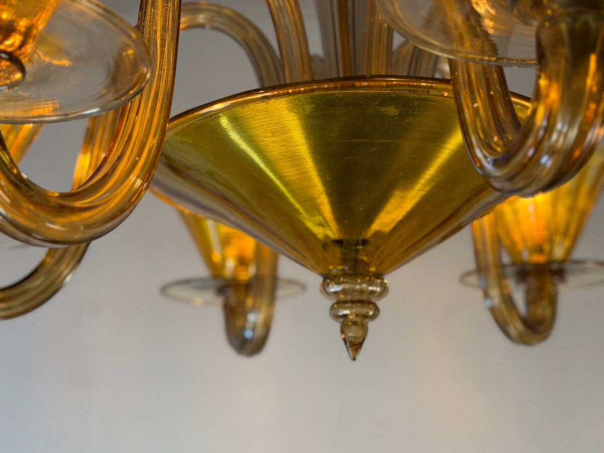 Venetian lustre in brown and yellow Murano glass, circa 1940.