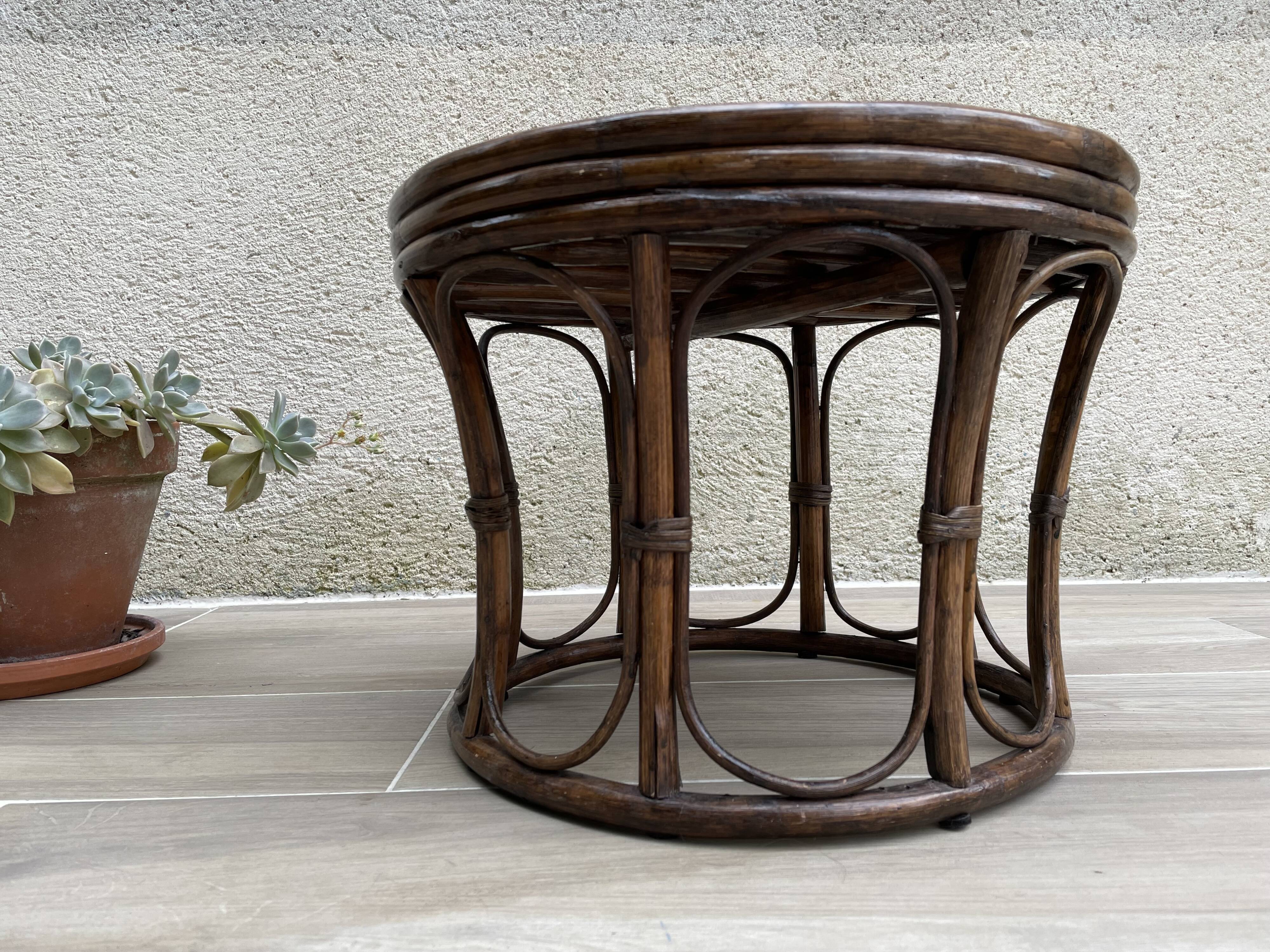 Pouf vintage rotin et cuir