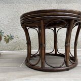 Vintage rattan and leather pouf