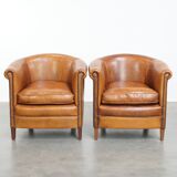 Set of 2 sheepskin leather club chairs