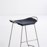 Contemporary Kitchen Counter Barstool Old Silver Steel & Navy Blue Leather