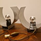 Pair of sculptural lamps in brushed metal – Design by Philippe Rogier