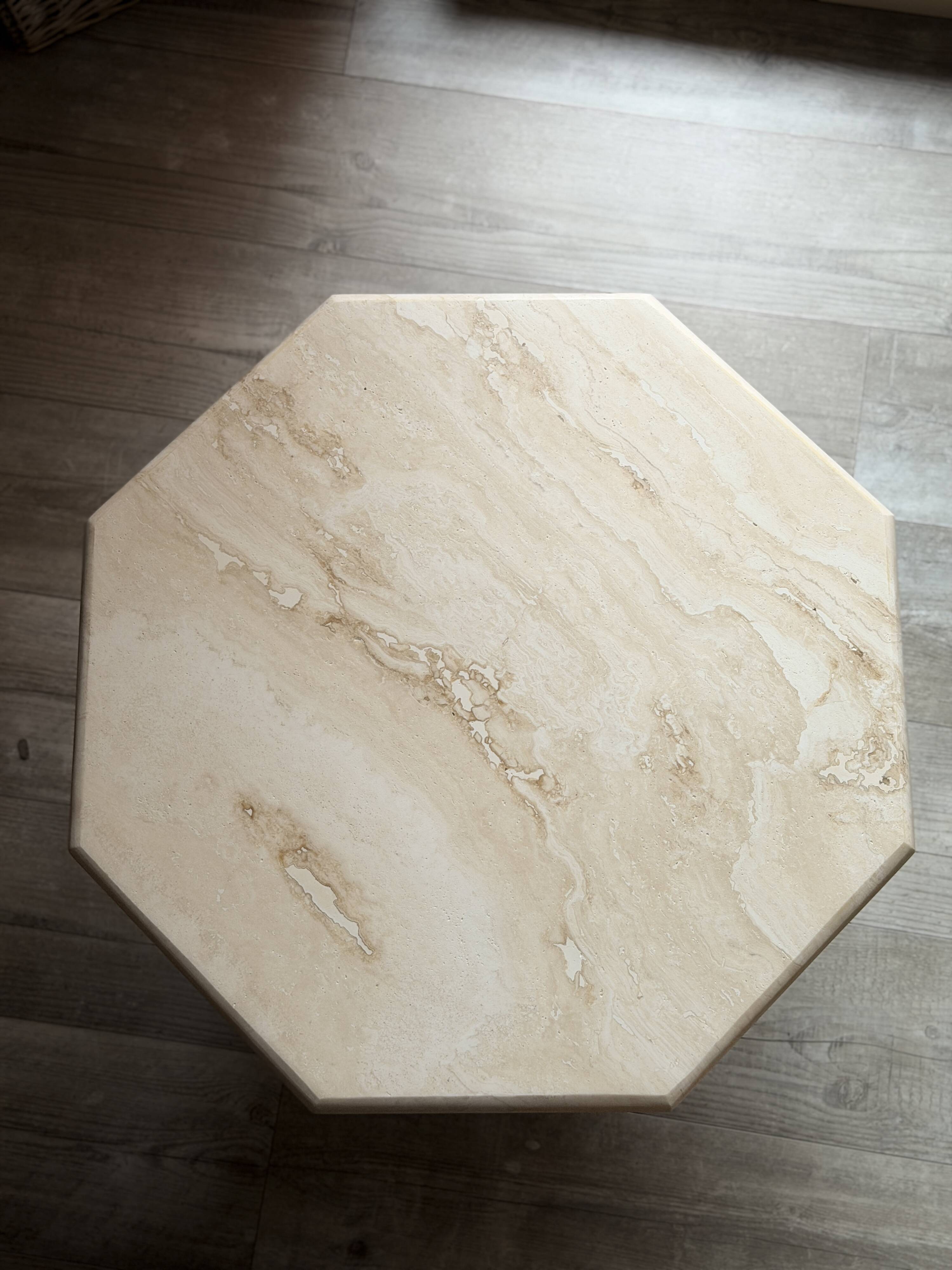 Postmodern octagonal coffee table in Italian travertine, 1970.