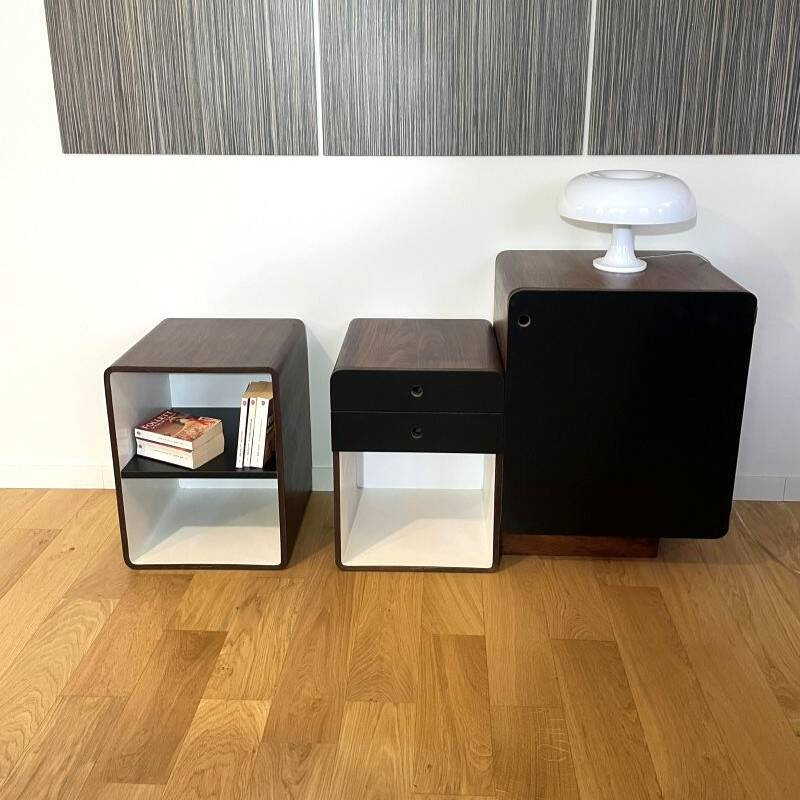 Vintage 1970s Space Age bedside tables in wood and black.