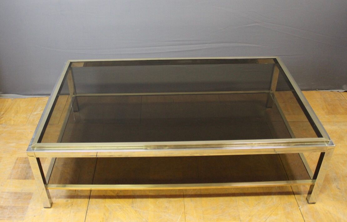 Table basse à double plateaux en chrome et doré vers 1970