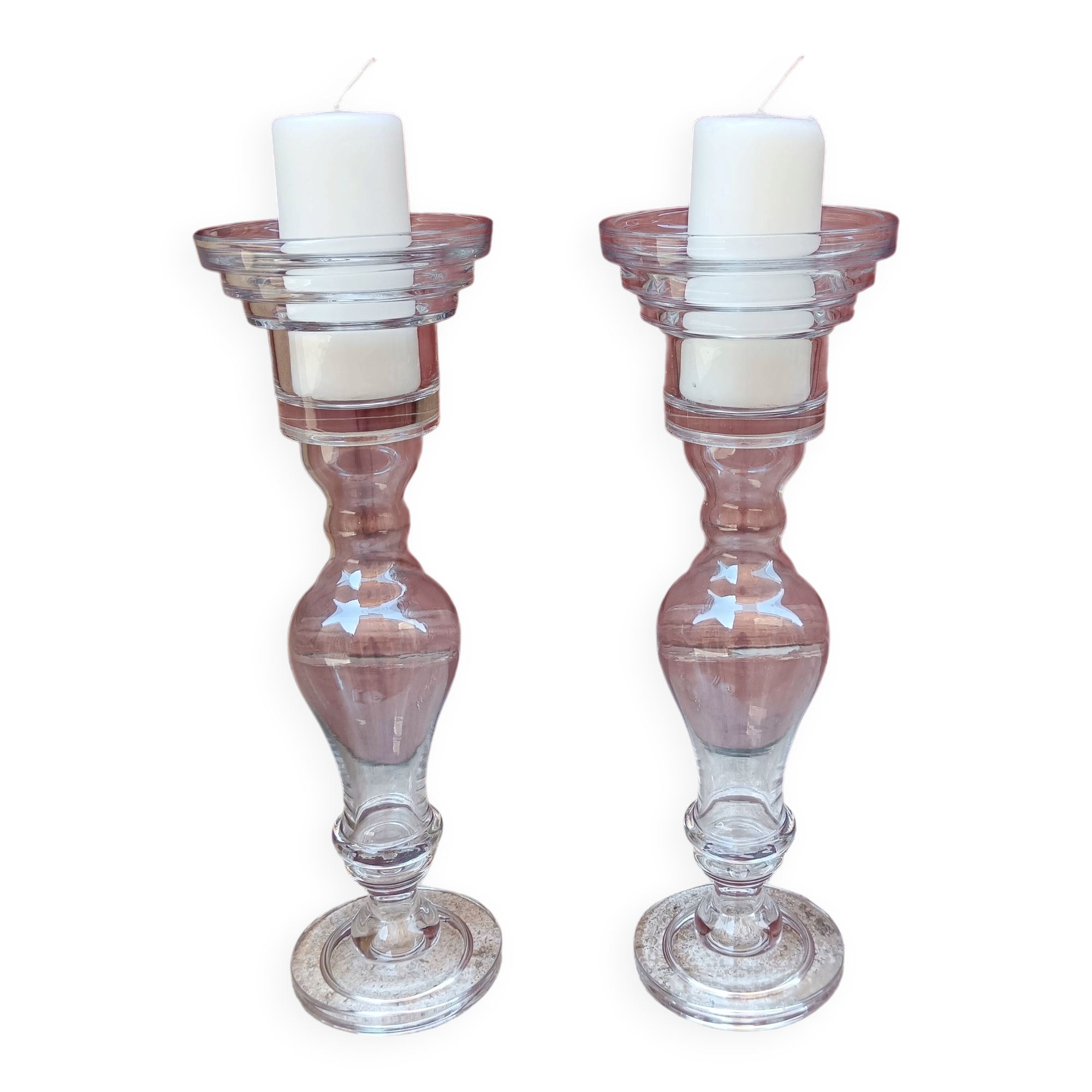 Pair of large glass candlesticks