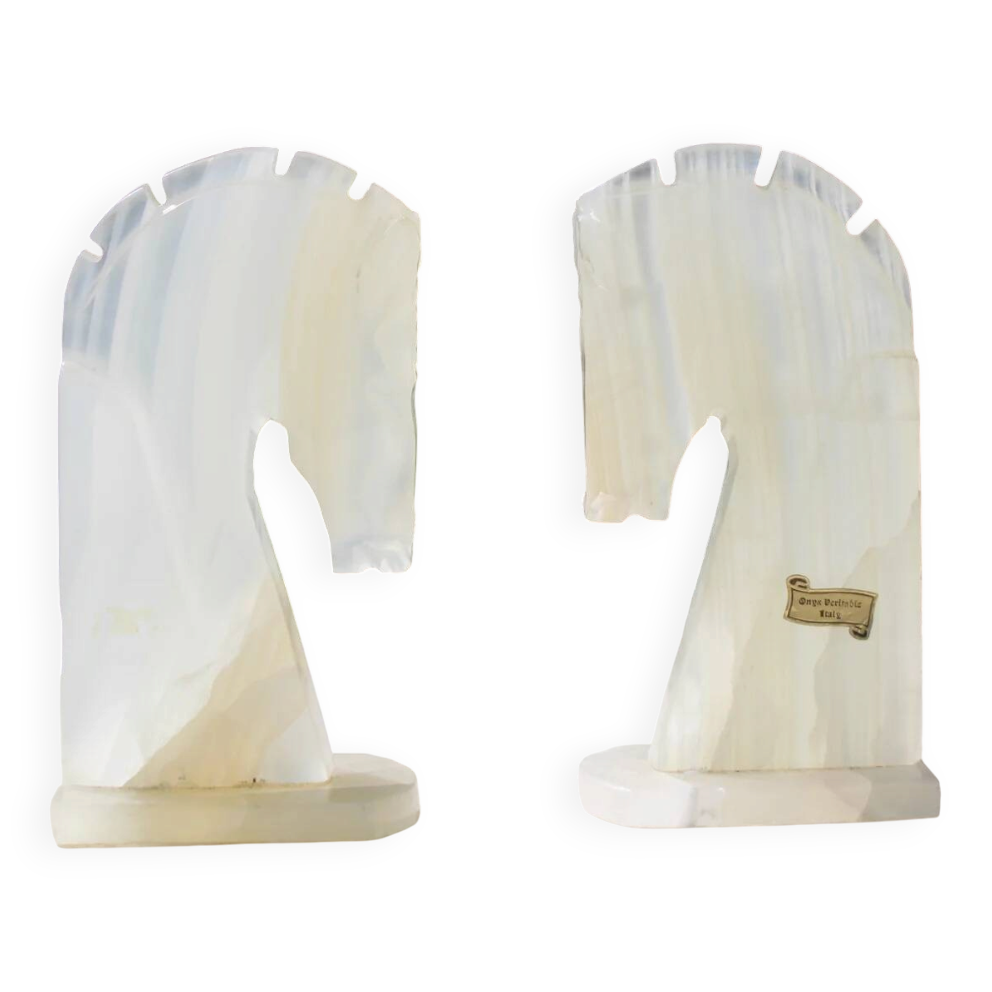 Paire de serre-livres vintage en onyx blanc – Têtes de cheval