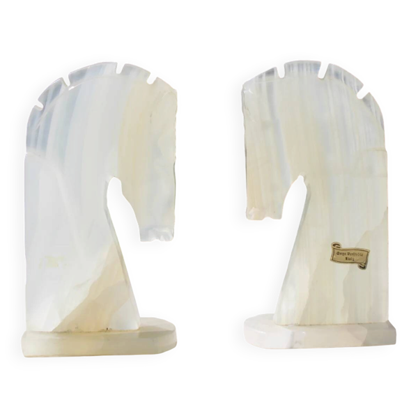 Paire de serre-livres vintage en onyx blanc – Têtes de cheval