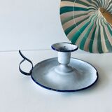 Antique candle holder in white and blue enamelled metal