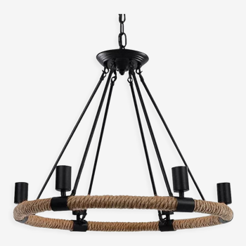 Metal 6 heads 1 tier vintage hemp rope round chandelier pendant island light without bulb