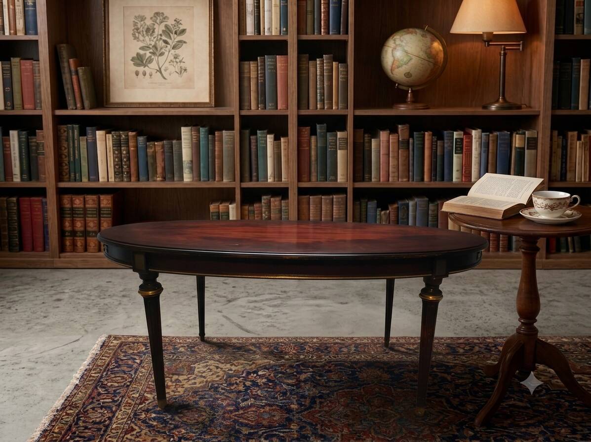 Oval Louis XVI style table with half-moon extensions.