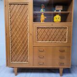 Armoire commode bois et rotin 1960