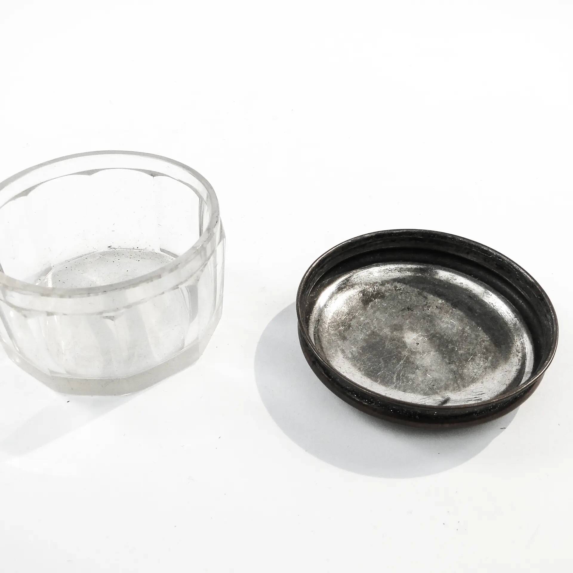 Art Deco pill box, crystal, silver-plated copper, Poland, 1930s