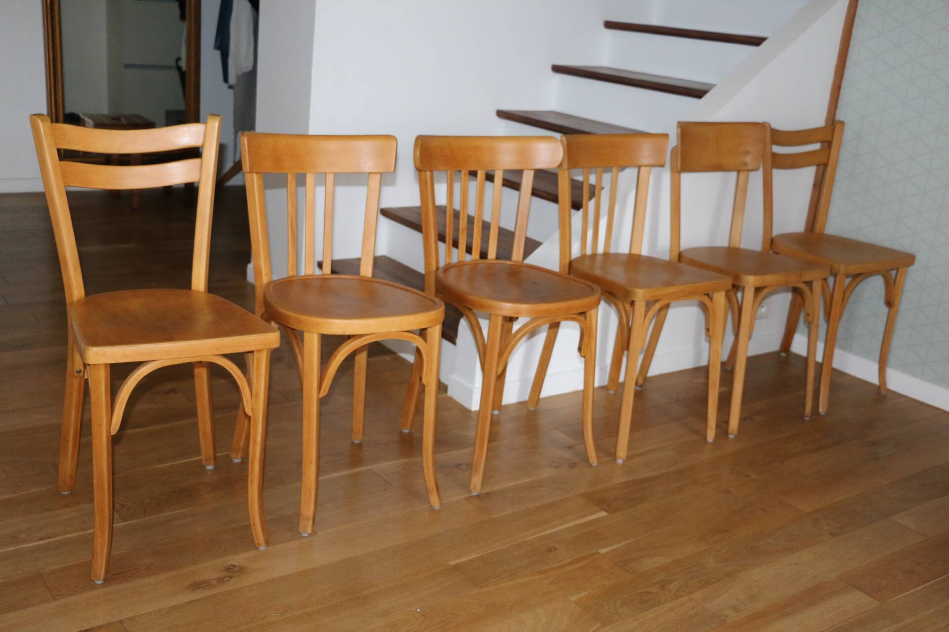 Set of 6 Baumann chairs, light beech, 1960