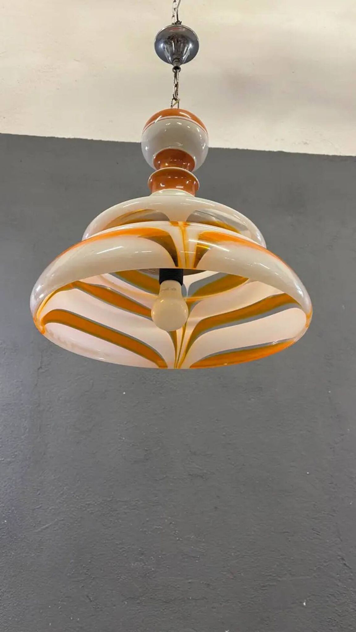 Italian art glass pendant lamp orange & white hand-blown chandelier, 1970s