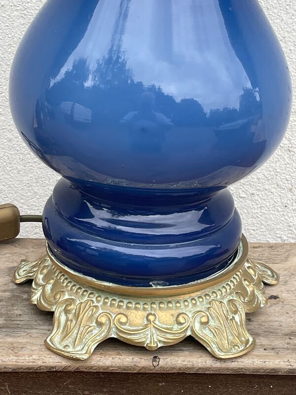 Lampe balustre porcelaine bleu et bronze