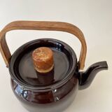 Scandinavian teapot, enameled iron and wood