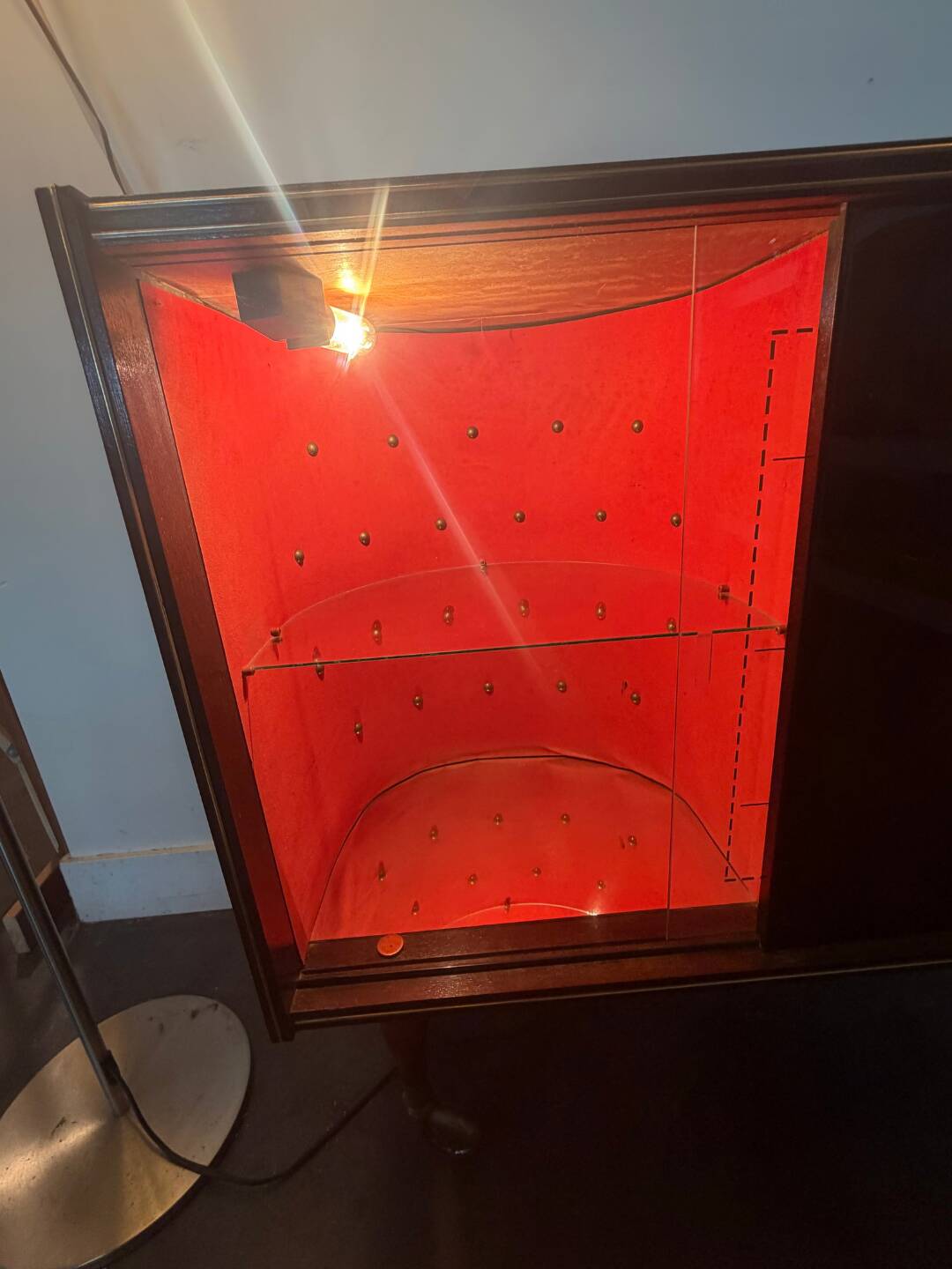 Large vintage bar cabinet from the 50s/60s – illuminated, sliding doors, on wheels.