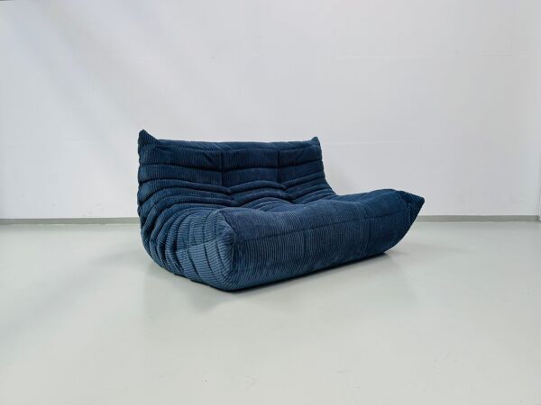 Canapé 2 places en velours côtelé bleu attribué à Michel Ducaroy pour Ligne Roset, années 1970.
