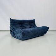 French Togo 2-seater sofa in blue corduroy attributed to Michel Ducaroy for Ligne Roset, 1970s