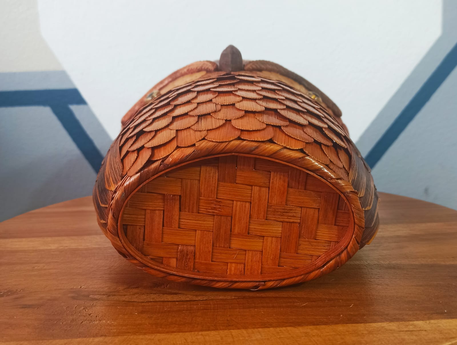 Vintage wall basket, wicker owl and bamboo