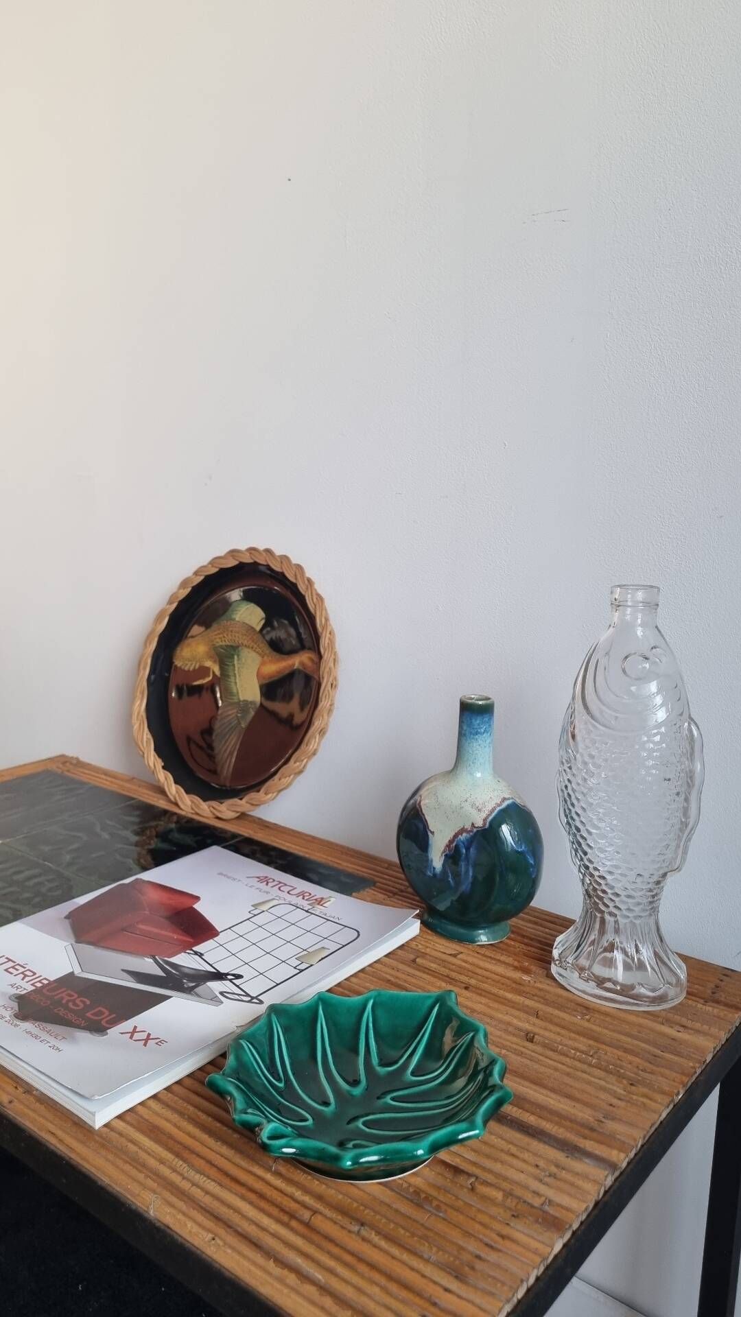 Table basse vintage rotin carreaux 