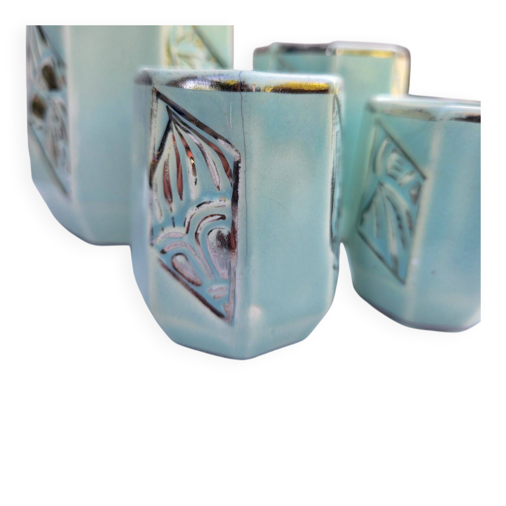 Set of 4 Art Deco celadon green and silver barbotine pots.