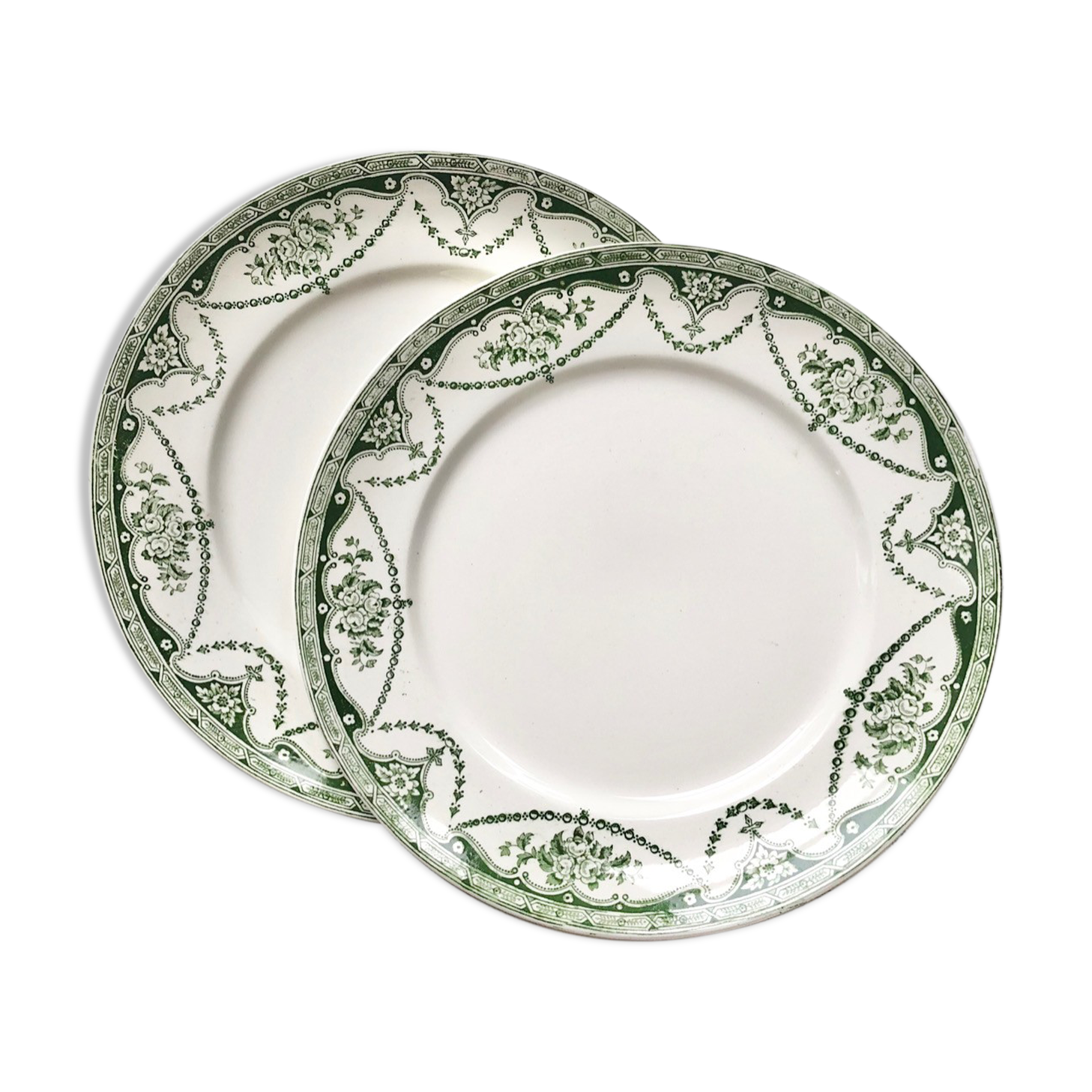 Pair of old English plates with green printed decoration, Universal English Manufacture