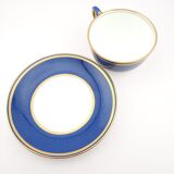 Antique Wedgwood teacup and saucer, bone china. Powder blue and gold English cup and saucer, 1900s