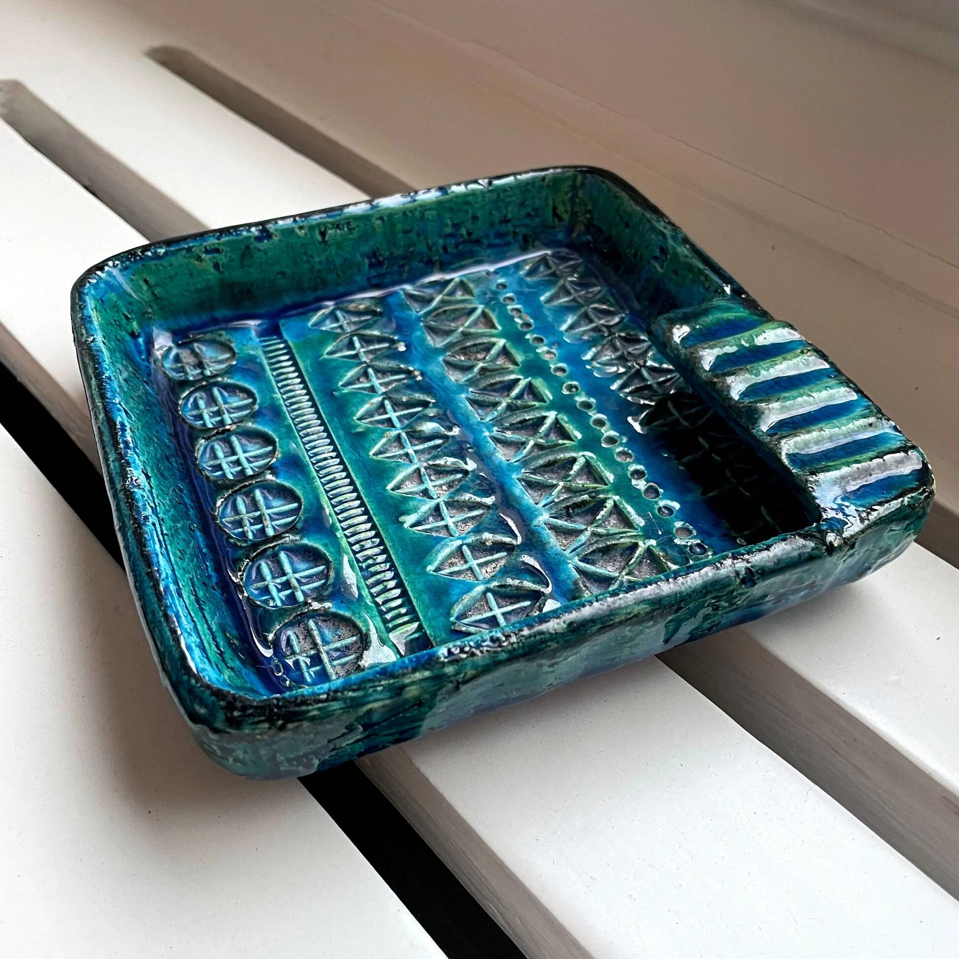 Aldo Londi for Bitossi Italian square teal blue green ashtray