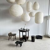 Small Japanese-style natural rattan and linen pendant light in the shape of a drop H40 D35