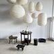 Small Japanese-style natural rattan and linen pendant light in the shape of a drop H40 D35