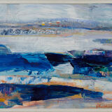 1995 Modern "Winter Blue" Swedish Abstract Modernist Landscape Oil Painting, Framed