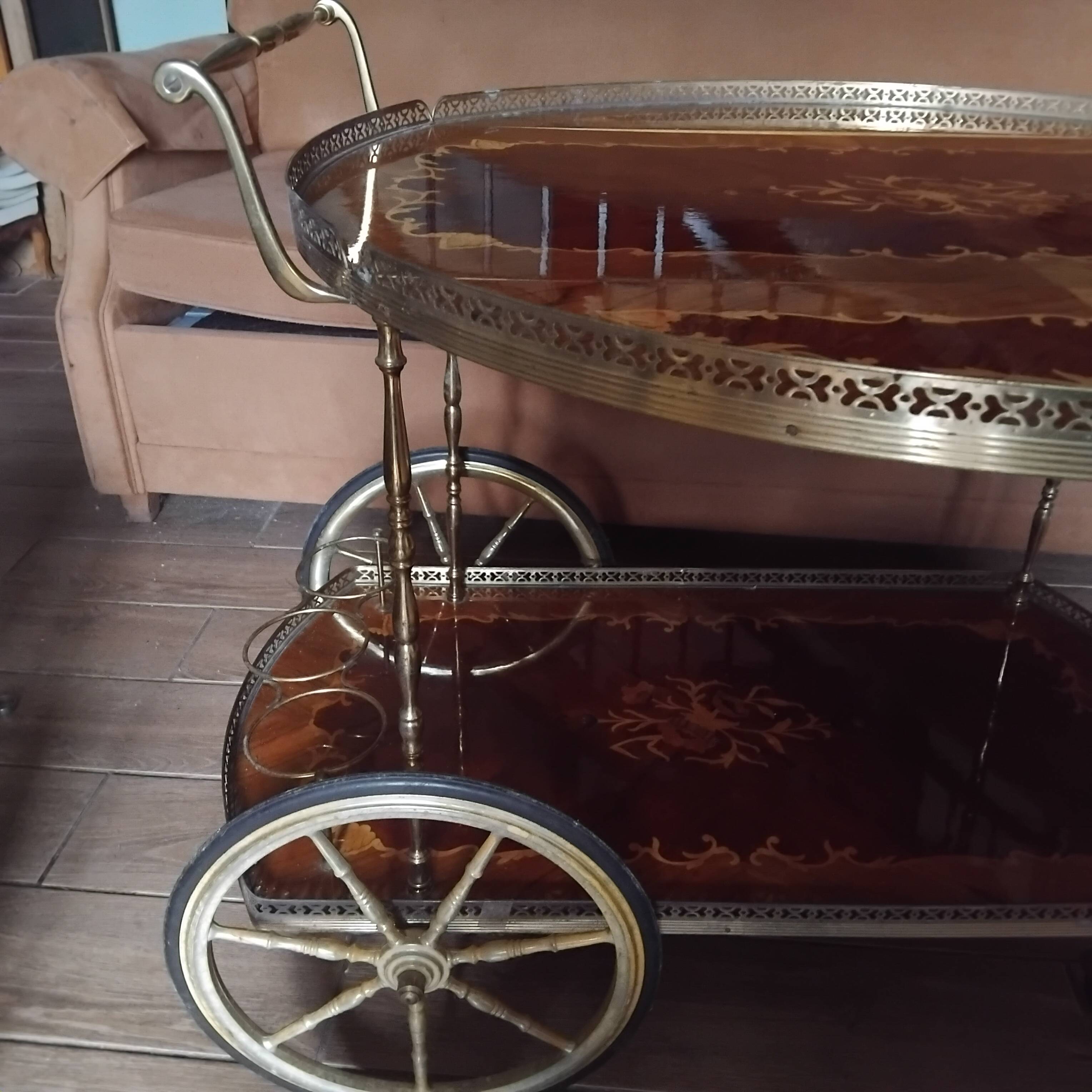 1950s marquetry and brass serving trolley
