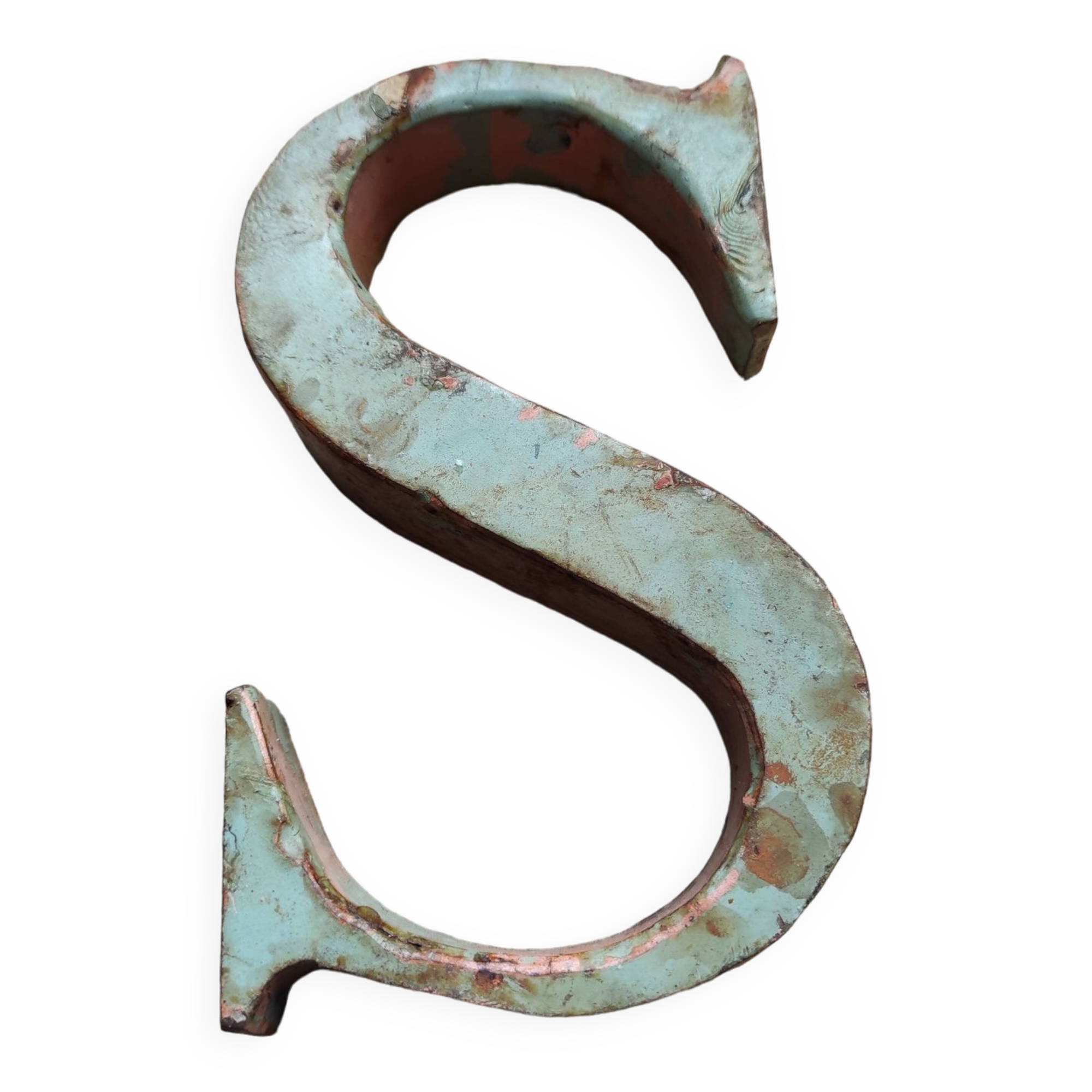 Old sign letter "S" in patinated metal