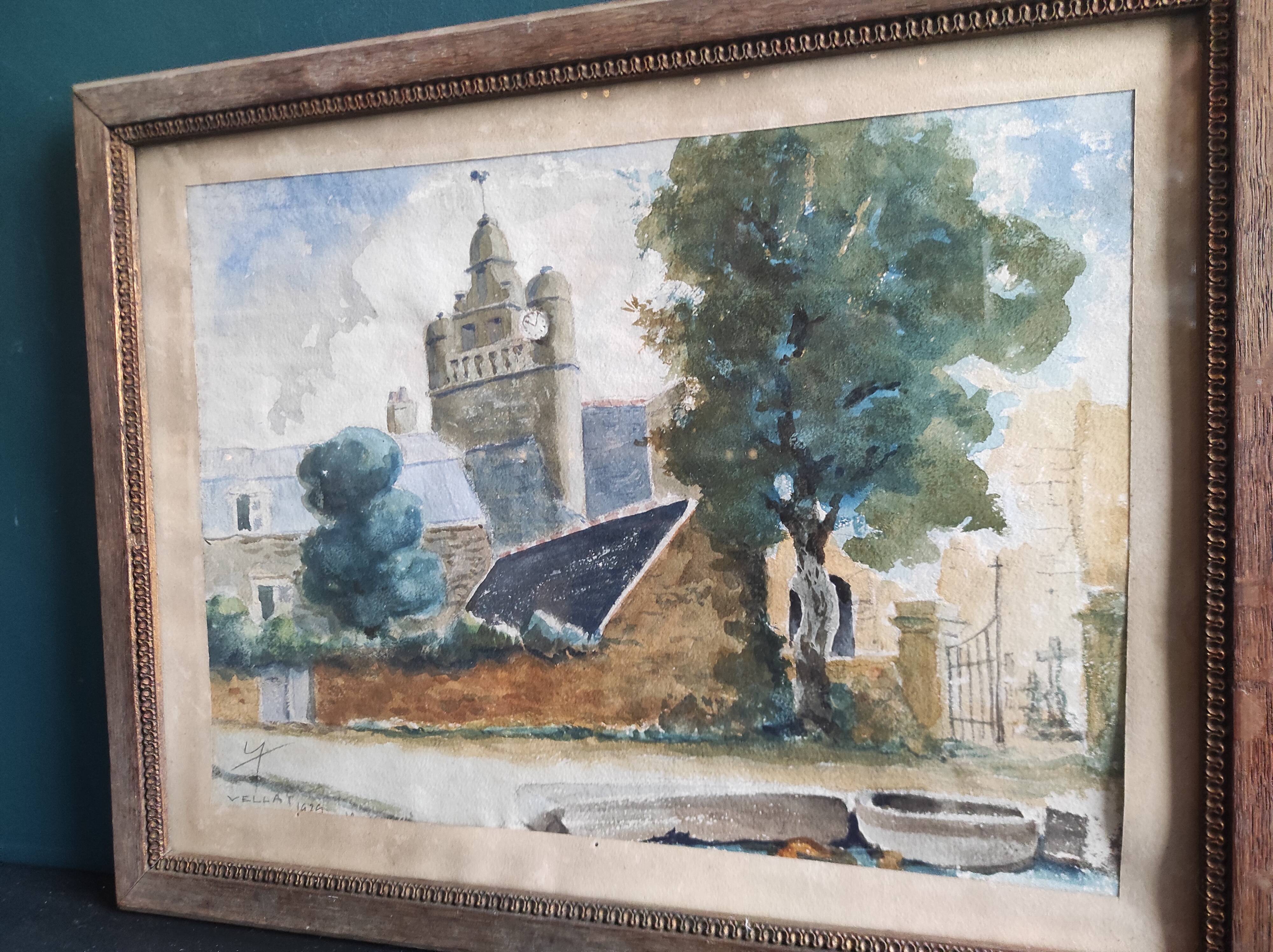 Vintage French watercolour of a village with a church, signed Vellat, from 1929  View on Etsy Copy