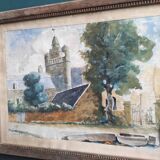 Aquarelle française d'un village avec une église, signée Vellat, 1929