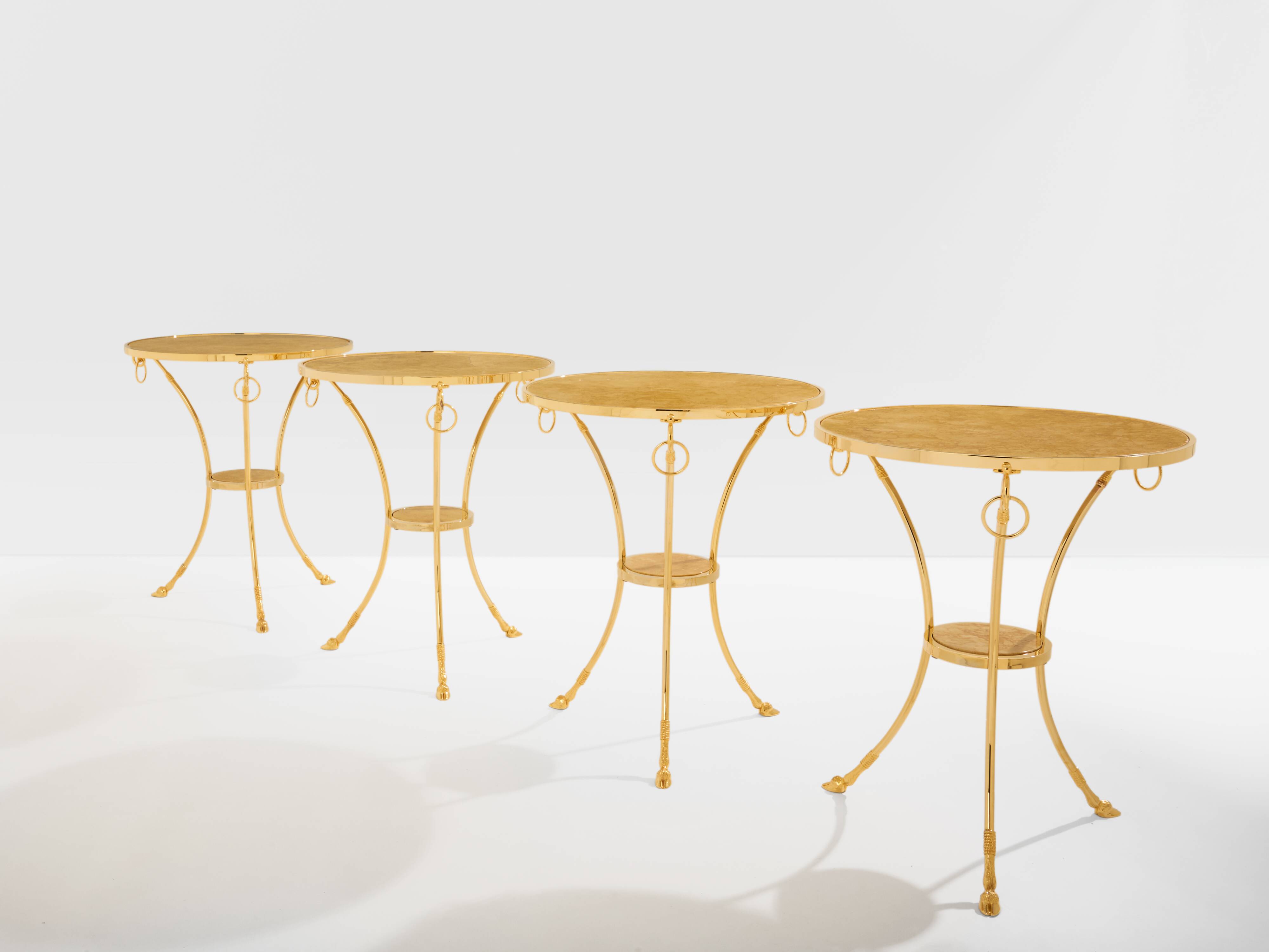 Set of 4 neoclassical side tables in brass and marble by Maison Charles, 1960.