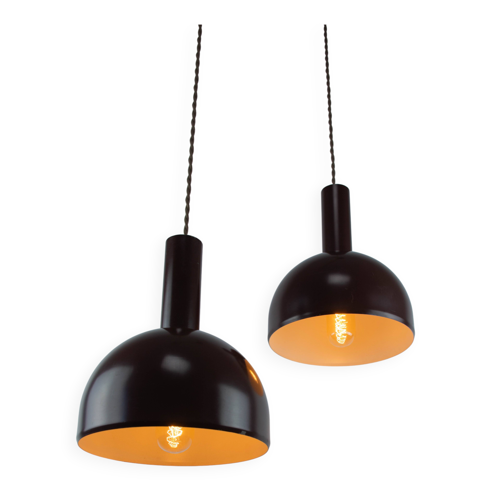 Set of 2 Mid-Century Modern Brown Metal Hanging Lamps