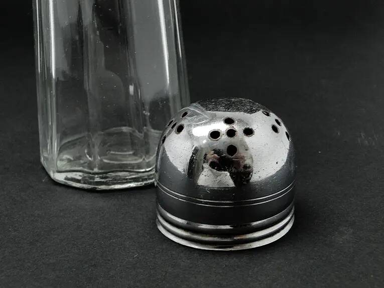 Powdered sugar bowl, glass, chrome-plated brass, Sweden, 1970s.