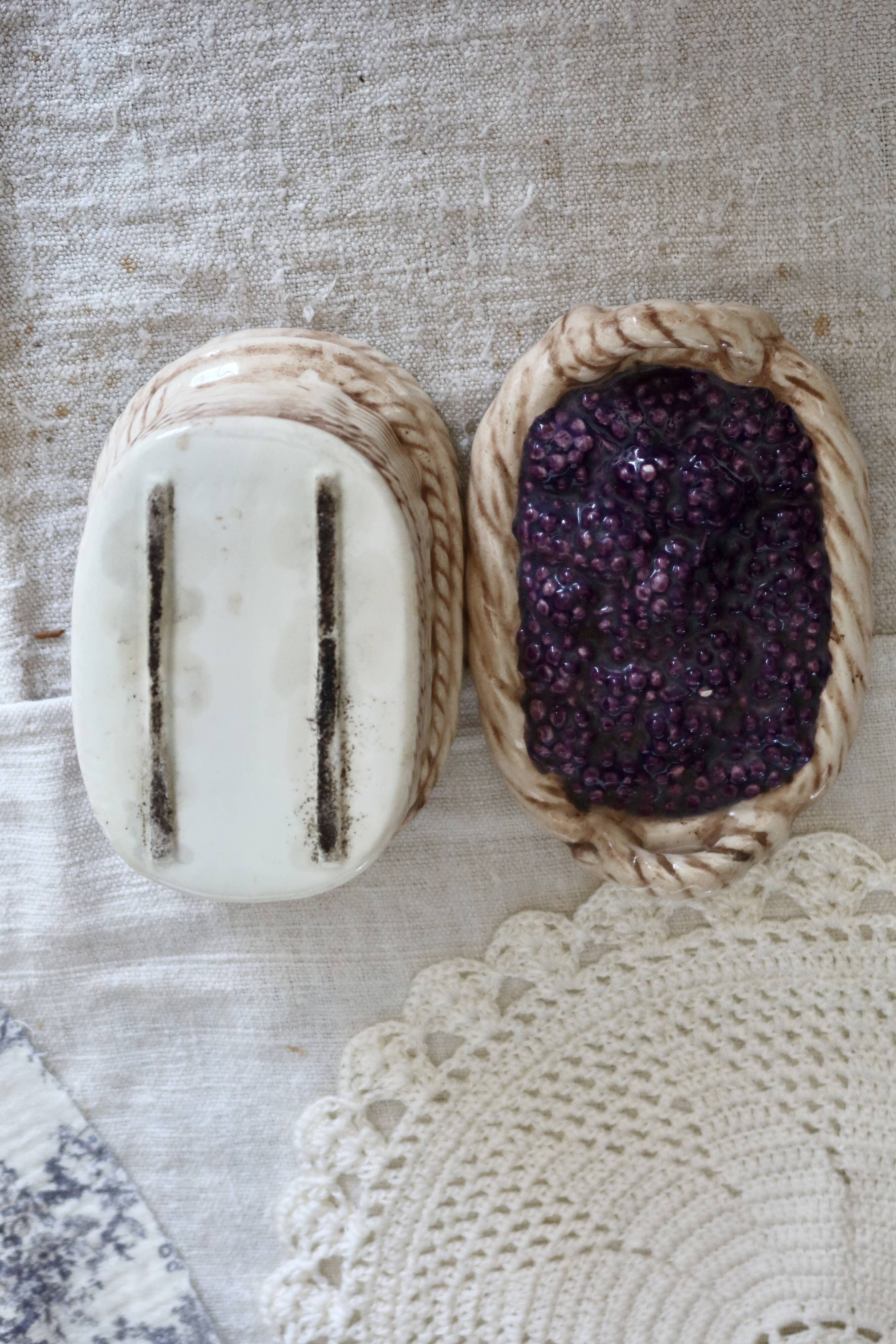 Vintage sugar bowl / candy dish with blackberry basket in slip
