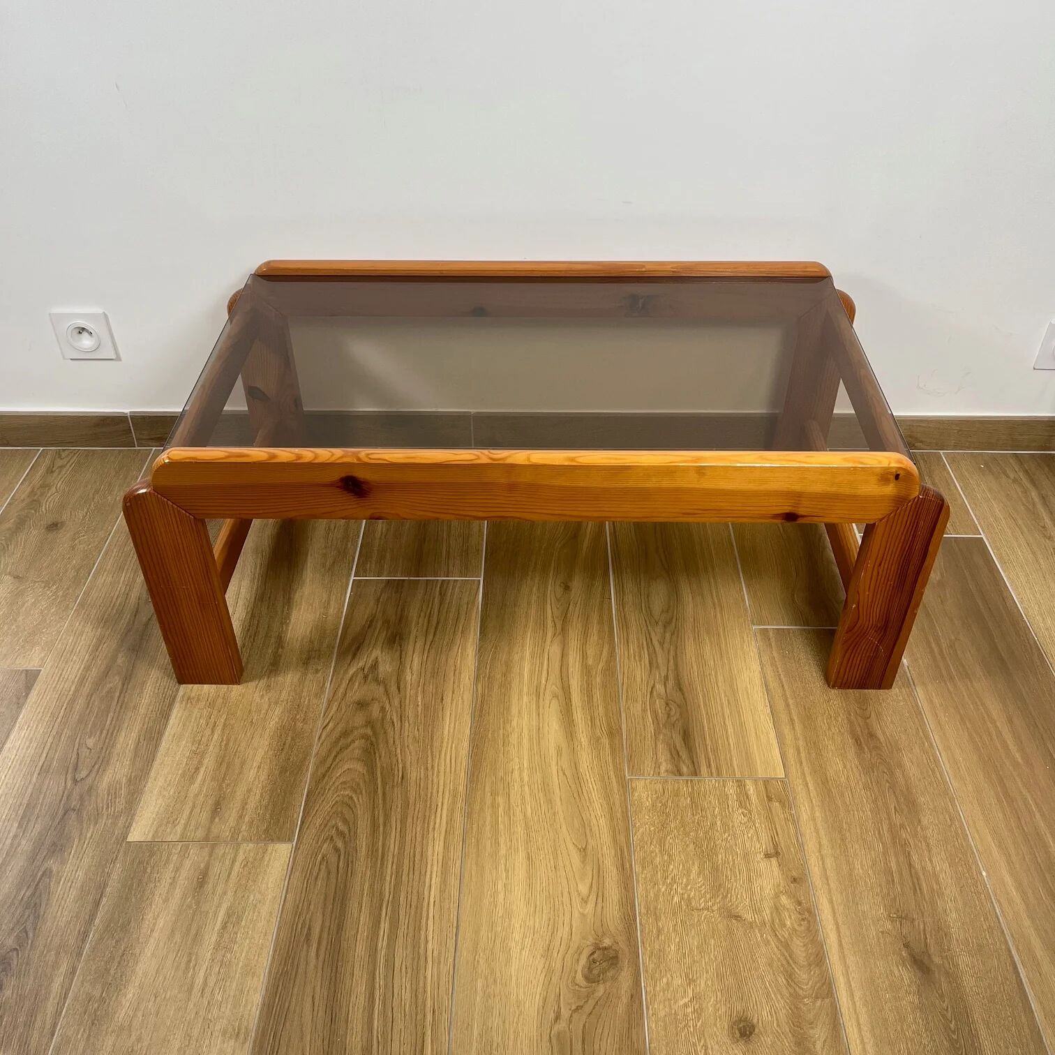 Pine coffee table with smoked glass top, 1970s/80s.