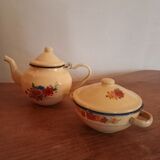 Enameled teapot and sugar bowl
