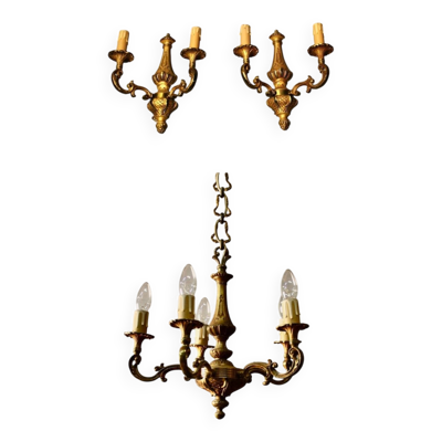 Lustre en bronze à 5 bras et sa paire d'appliques à 2 feux