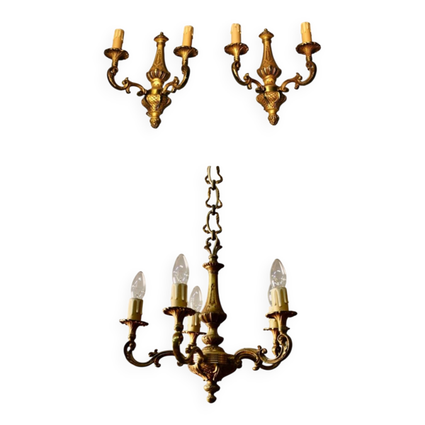 Lustre en bronze à 5 bras et sa paire d'appliques à 2 feux — Beyit