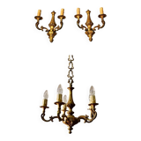 Bronze chandelier with 5 arms and its pair of 2-light wall sconces.