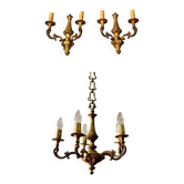 Bronze chandelier with 5 arms and its pair of 2-light wall sconces.
