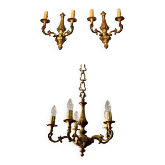 Bronze chandelier with 5 arms and its pair of 2-light wall sconces.