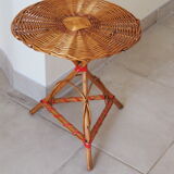 Bolster / pedestal table in tripod rattan 1960s-1970s